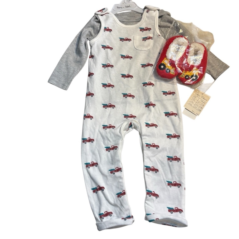 NWT Infant SET 18 months Bodysuit White w/Red Trucks & Grey Shirt & Red Slippers